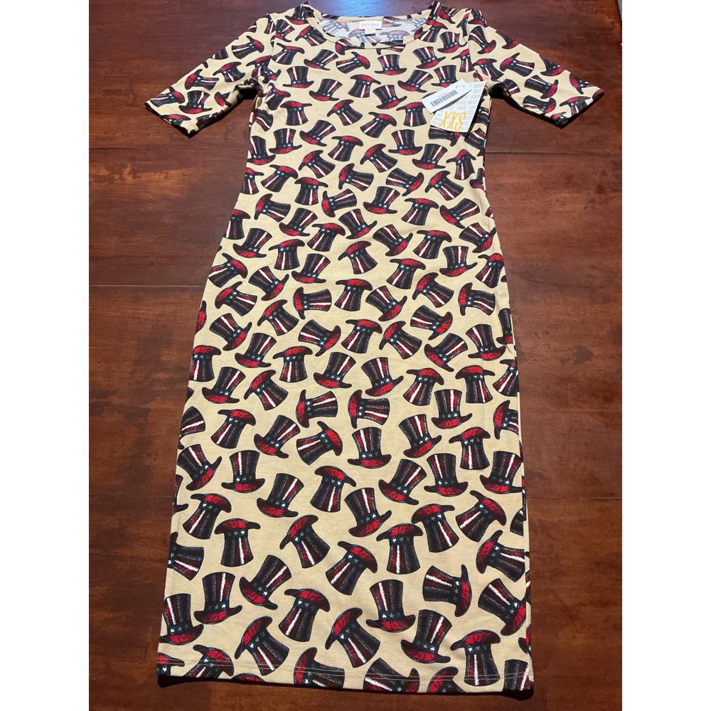 LuLaRoe Julia Dress XXS NWT Patriotic Uncle Sam Top Hat Fourth of July Tan Midi